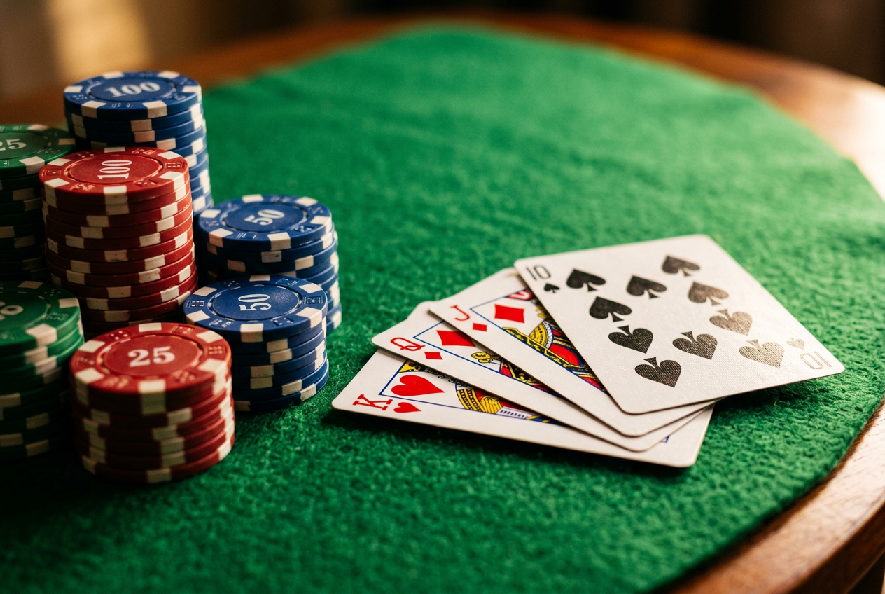 Detailní záběr na hromádky pokerových žetonů a vějíř karet na zeleném plátně